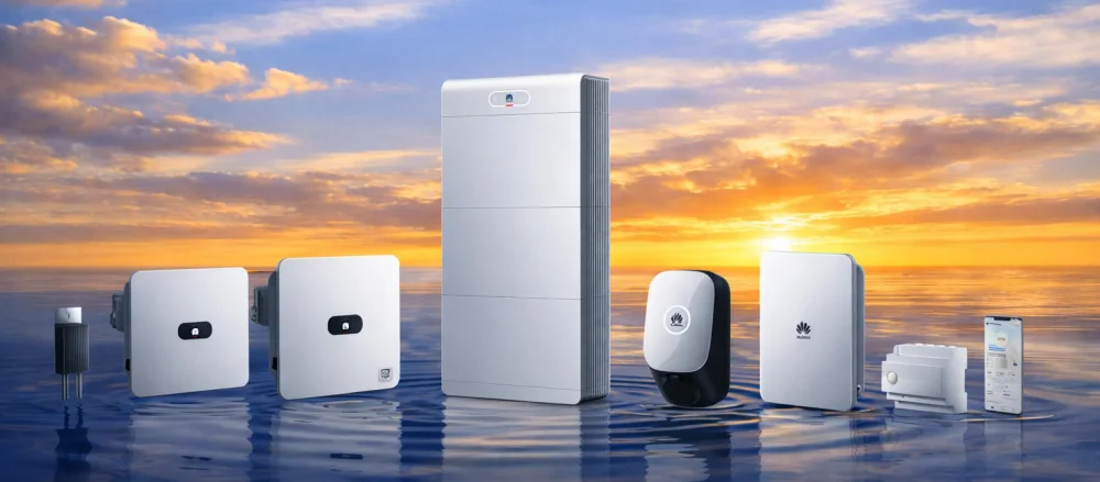 Ecosistema residenziale Huawei con inverter, batteria, ricarica elettrica e gestione dell'energia